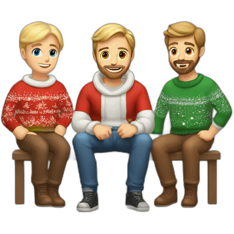 gay couple in christmas sweathers sitting one blond guy with beard and the other with brown hair emoji