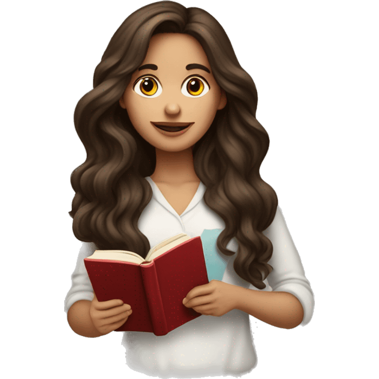 brunette long wavy hair woman love while holding and reading book emoji