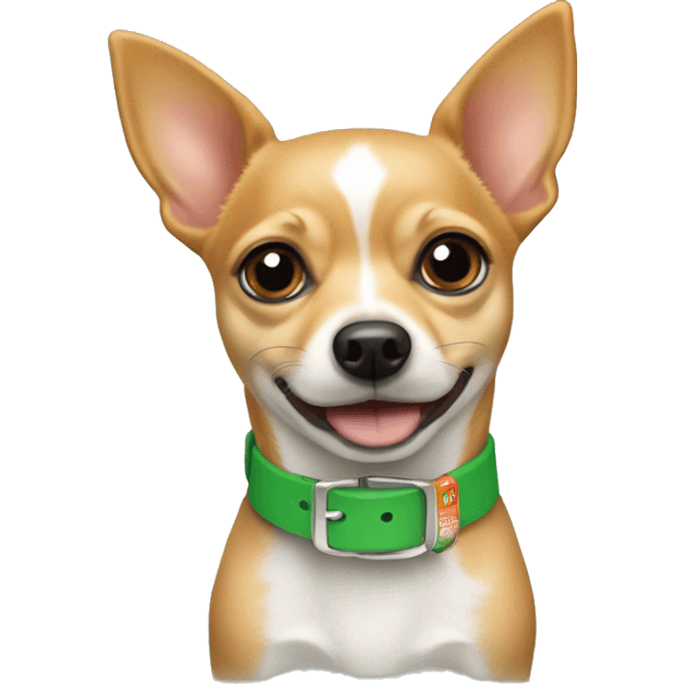 Chihuahua terrier mix wearing a green collar with hotdogs on it   emoji