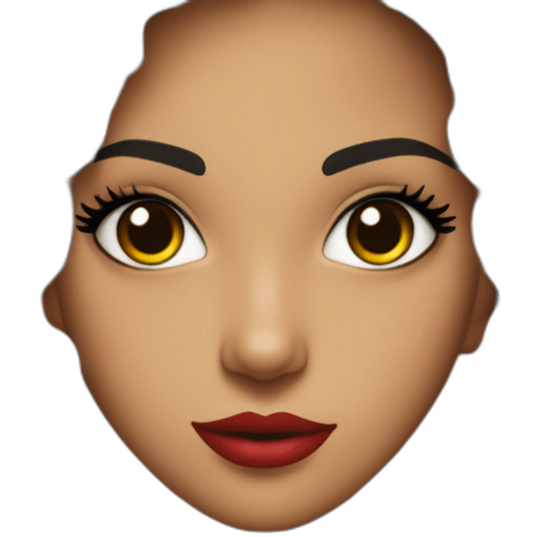 Chica de pelo negro largo ojos marrón claro labios gordos y dientes bien colocados tiene hecho el eyeliner y lleva una camiseta roja emoji