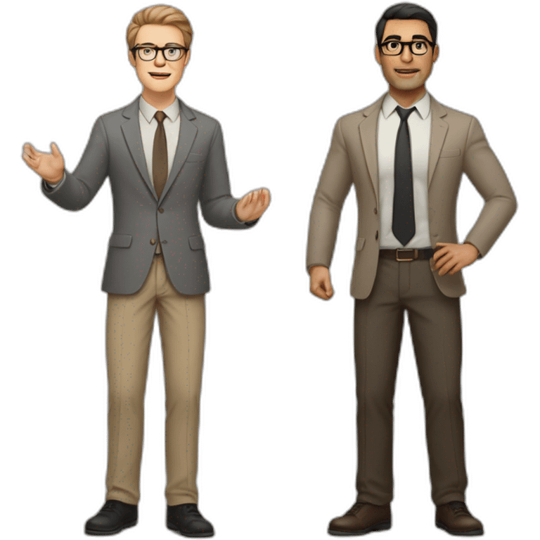 Full height Actively gesturing with hands Pale skinned black fit man with dark brown hair in gray jacket, beige office shirt, brown tie, brown pants and vintage glasses. emoji