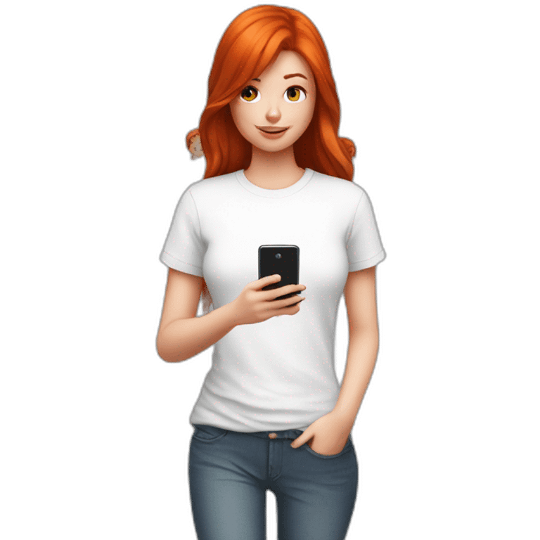 Red head girl on her phone and white tee shirt emoji