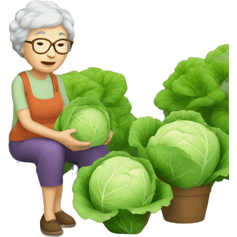 Granny in garden with cabbage emoji