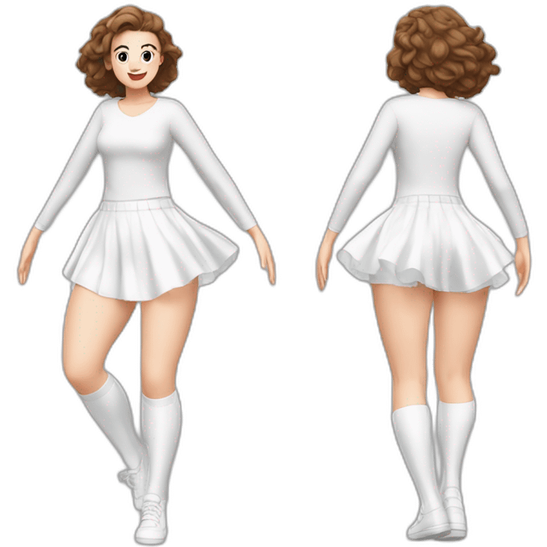 realistic full body caucasian curvy beauty jumping short transparent skirt back and front views strong wind white knickers long white socks emoji