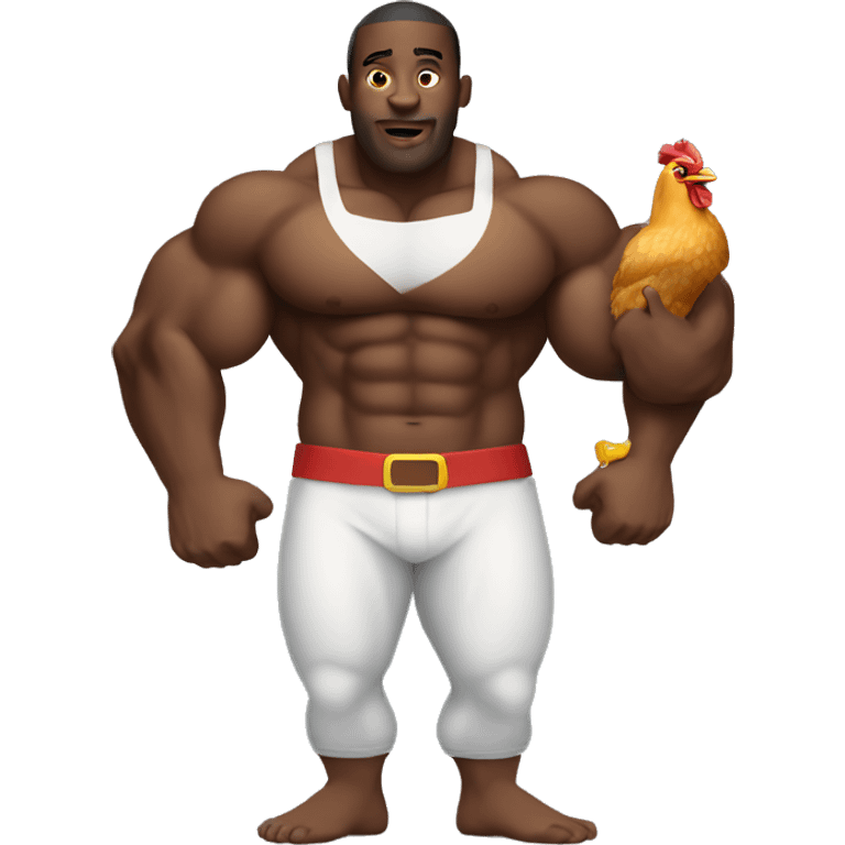 Black man with big biceps holding chicken emoji