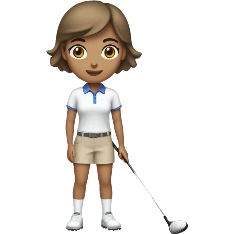 Female with olive skin tone, brown eyes, brown straight short hair dressed in golf clothing and holding a golf club emoji