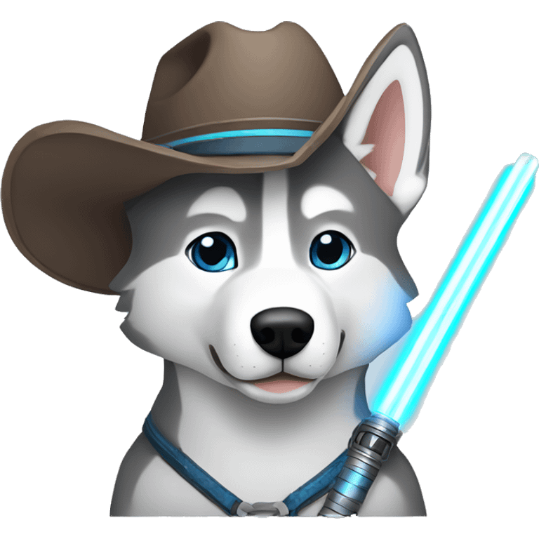 Gray Siberian Husky with blue eyes Jedi holding lightsaber cowboy hat  emoji