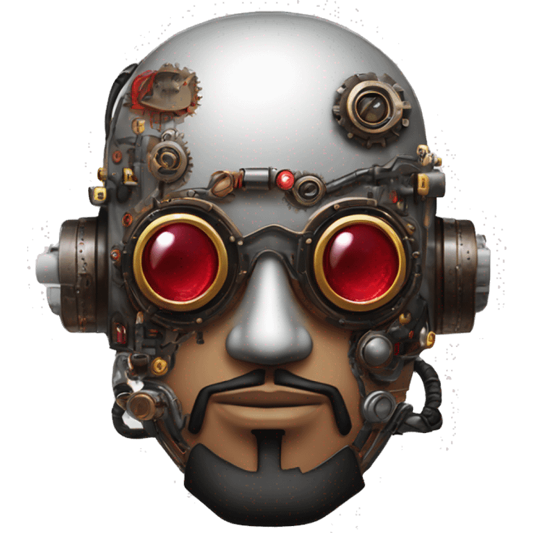 Round cyborg head with red steampunk goggles, black goatee and circuits emoji