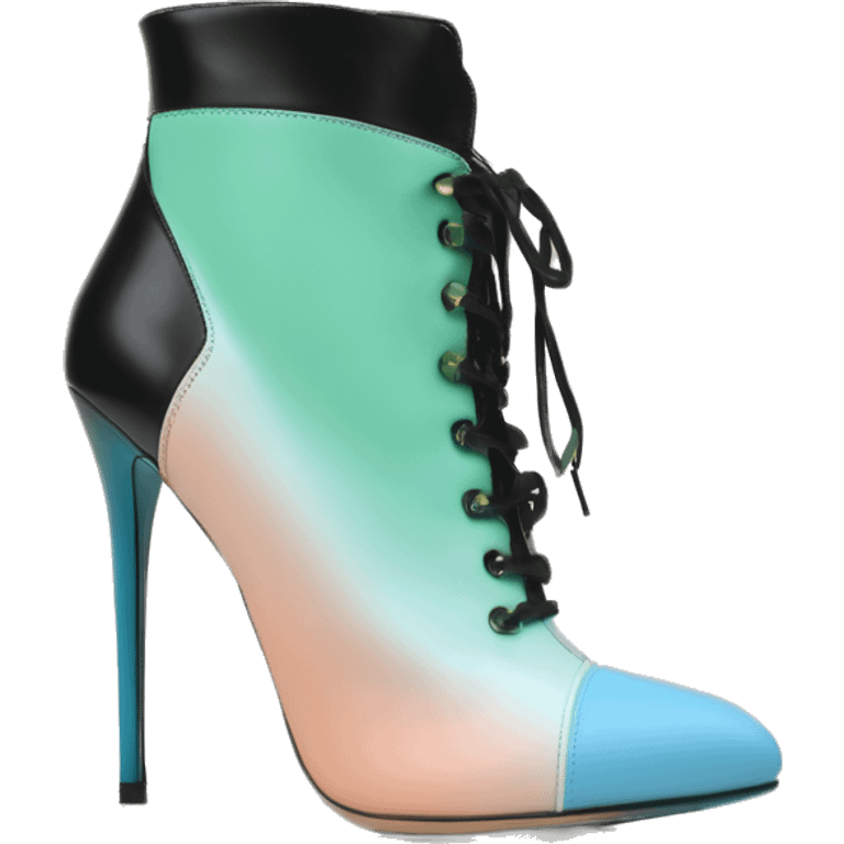 Real isolated top front view of a pair of black,peach,pastel green,pastel blue ombre Michael Kors stiletto high heel ankle bootie boots emoji