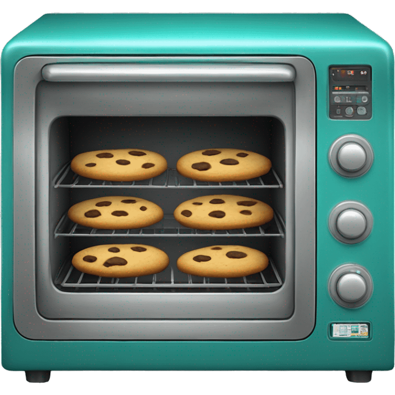 Realistic metallic turquoise oven with cookies baking inside of it. emoji