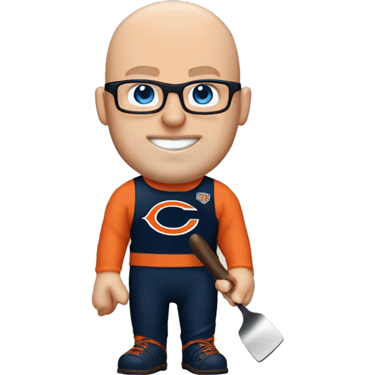 Bald man with glasses pale skin buff muscles blue eyes holding a steak and a spatula and wearing a Chicago bears shirt emoji