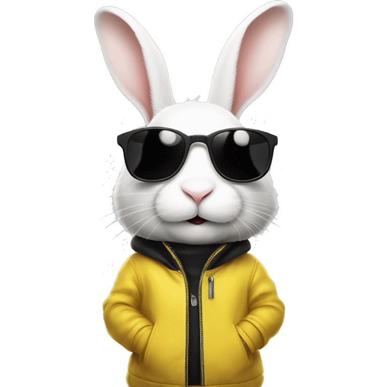 white rabbit in a yellow jacket and black sunglasses, with large ears and a curious expression, set against a black background with scattered white dots. emoji