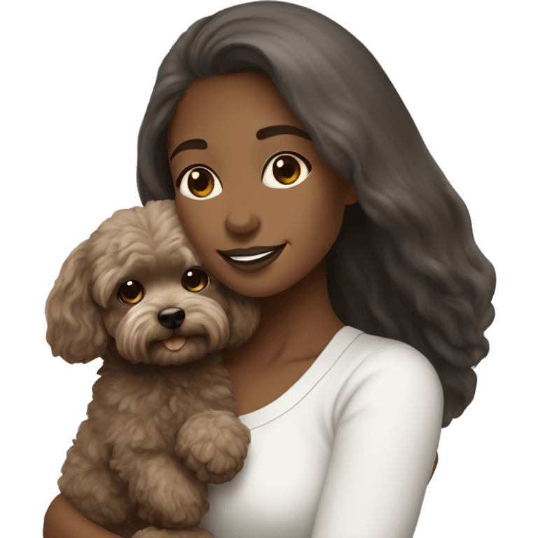 Girl with brown long straight hair, holding a dark gray maltipoo with a white snout emoji