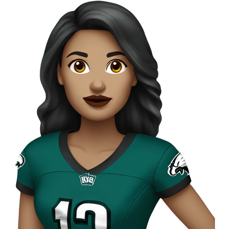 White female long dark hair red lips wearing Philadelphia Eagles jersey emoji