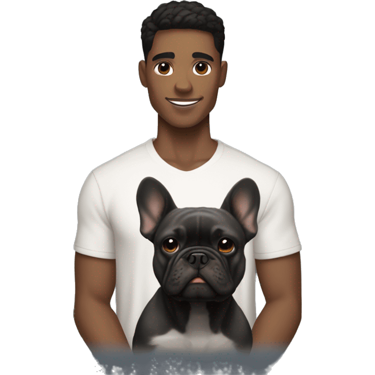 athletic light skin male with short black hair holding a brindle colored french bulldog emoji