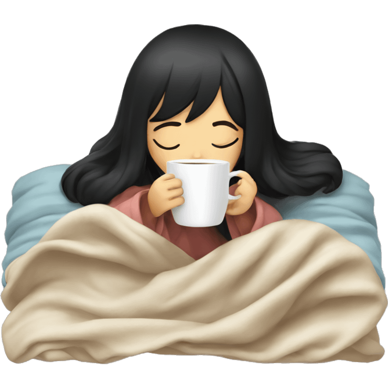 Asian girl inside a blanket sipping coffee eyes closed black hair emoji