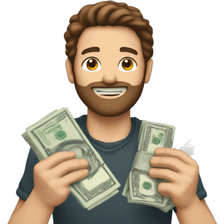 A sticker of a guy with brown hair and a beard holding money in his hands emoji