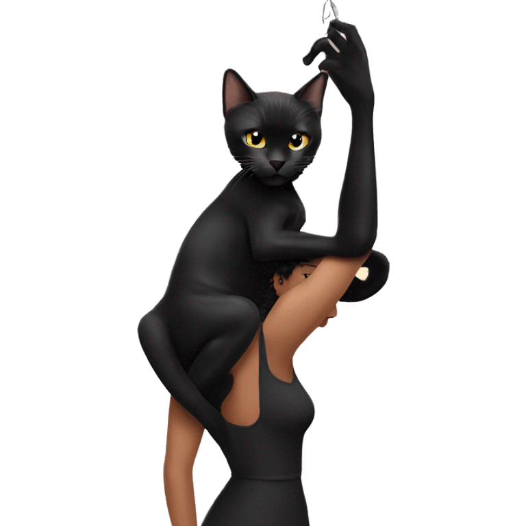 black cat hanging on beautiful woman emoji