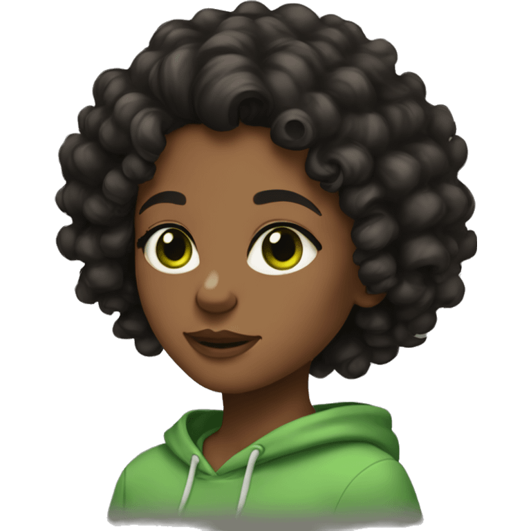 A brown skin girl, curly black hair, black hoodie, green eyes emoji