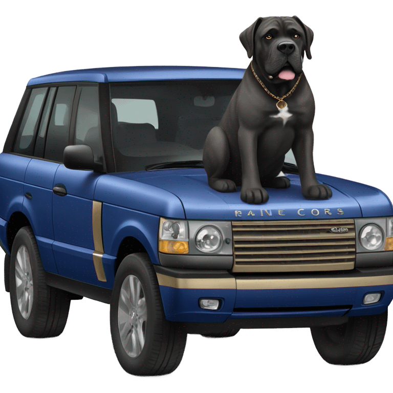 A Cane Corso driving a gold and blue Range Rover. emoji