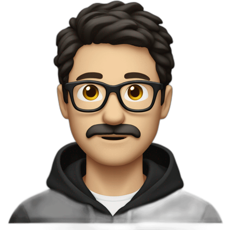 White man dark straight hair moustache, wearing a black hoodie, glasses emoji