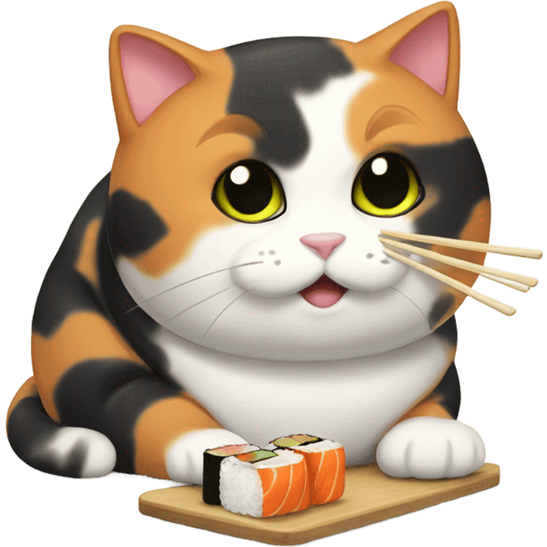 A chubby calico cat eating sushi emoji