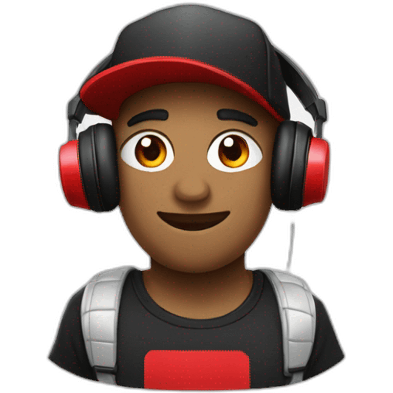 Streamer wearing the cap and headphone with tshirt black and red squares emoji