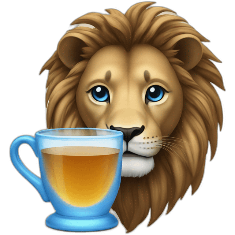 a lion with a black mane and blue eyes drinks tea emoji