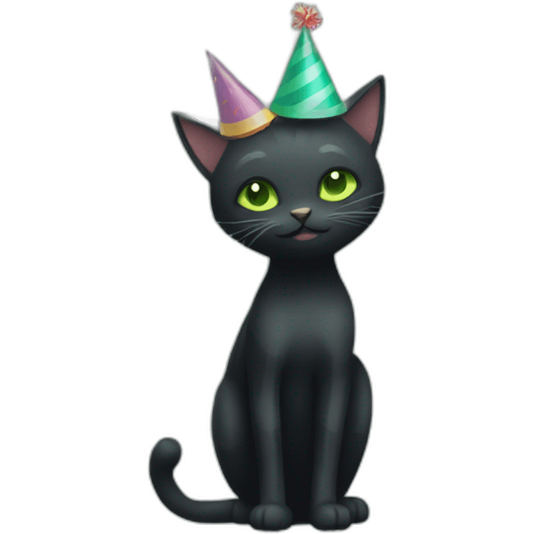 black cat with dark grey stripes and light green eyes wearing a party hat emoji