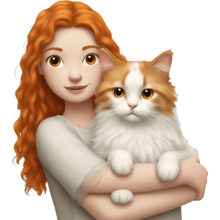 Ginger girl cuddling white ragdoll fluffy cat  emoji