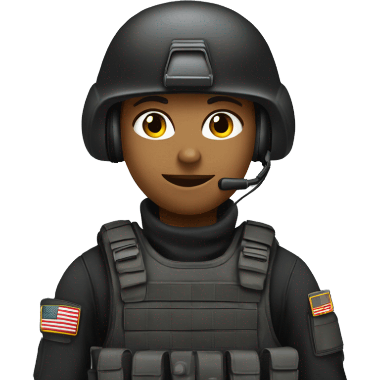 Military operator dressed in black with a helmet, without glasses, wearing a headset, ready to respond to alerts, preferably female, no country badge emoji