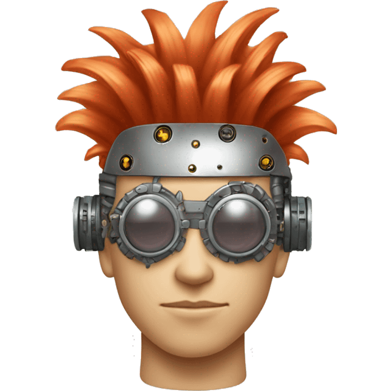 Light red Mohawk hair male cyborg head with white steampunk goggles and circuits emoji