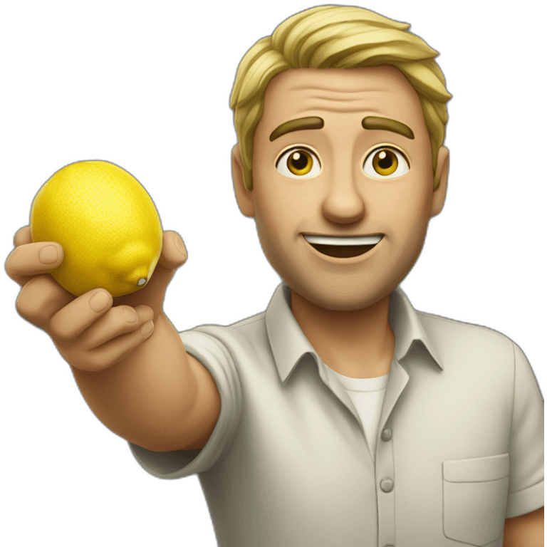 a man who pointed in front of him with a lemon in his hand without laughing emoji