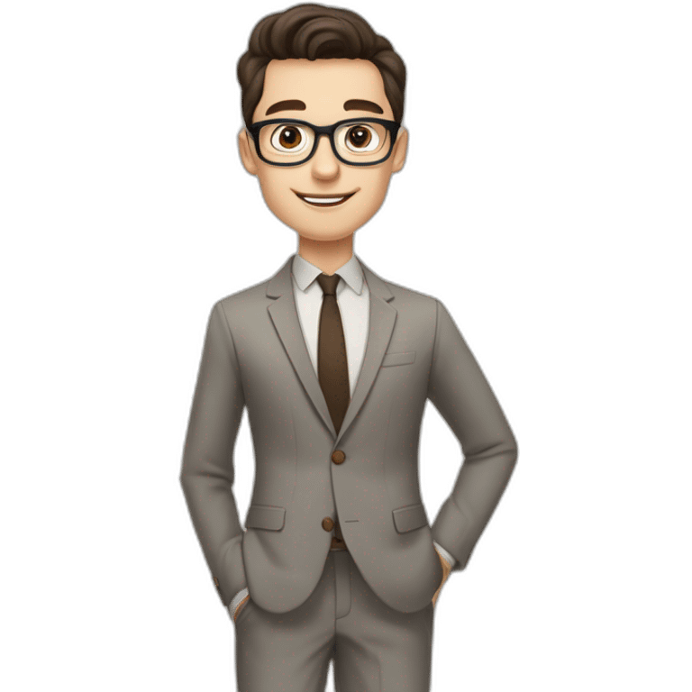 Pale skinned fit man with dark brown hair in gray jacket, beige office shirt, brown tie, brown pants and vintage glasses Writing on the flipchart emoji