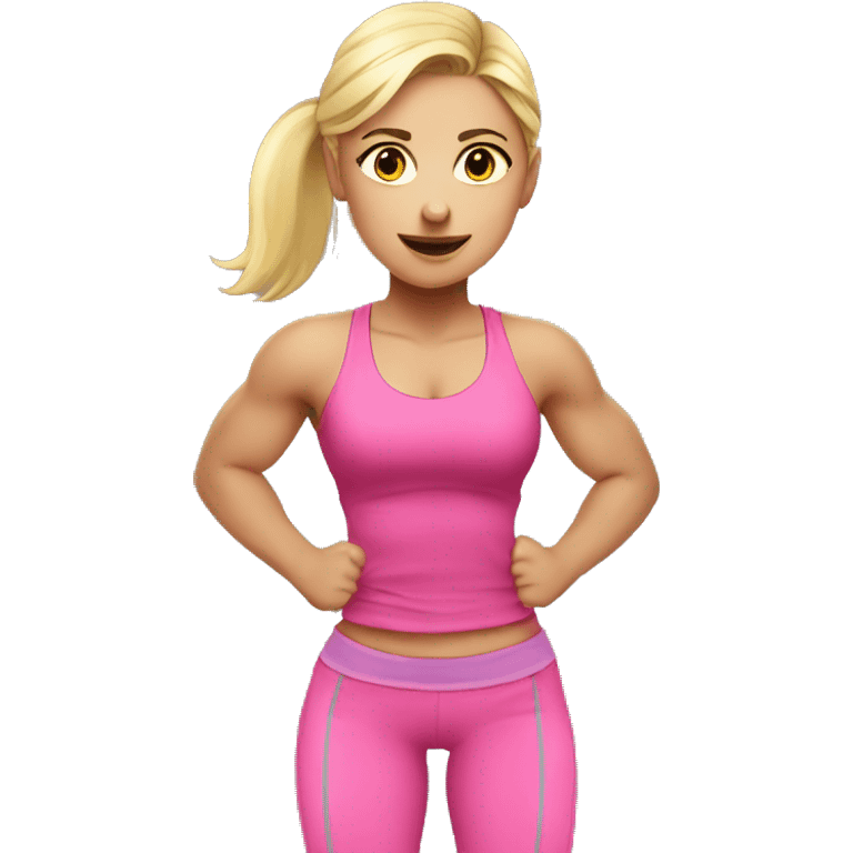 blond girl doing squats at the gym with pink clothes emoji