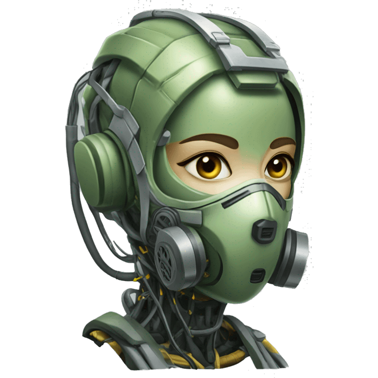 Olive green hair female cyborg head with respirator mask and circuits emoji