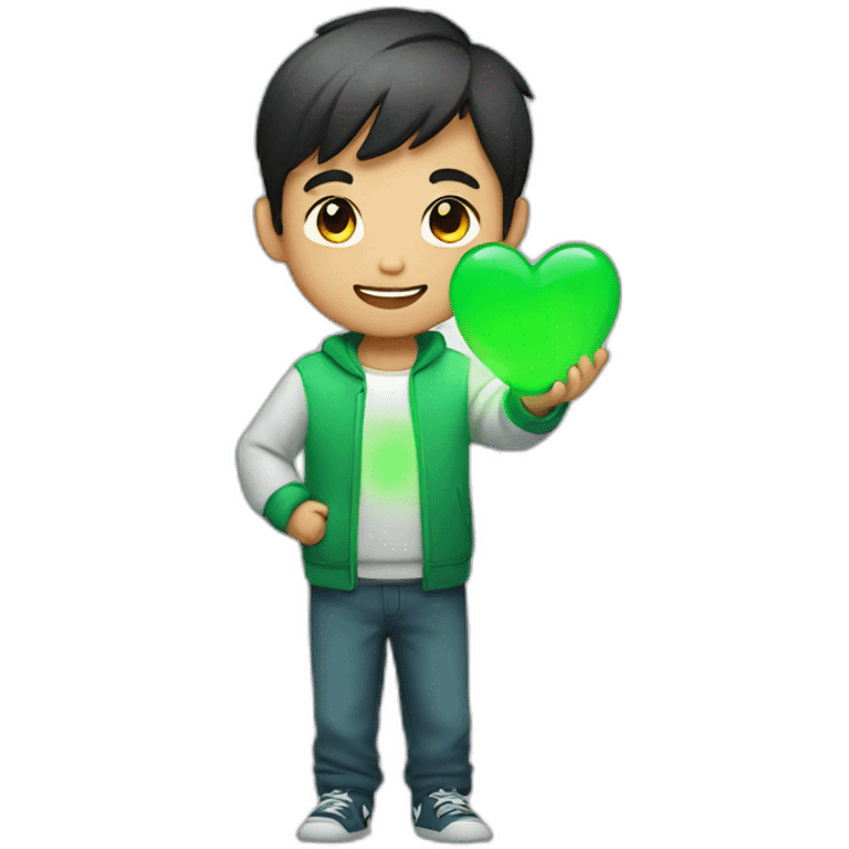 asian boy with glowing green heart in hand emoji