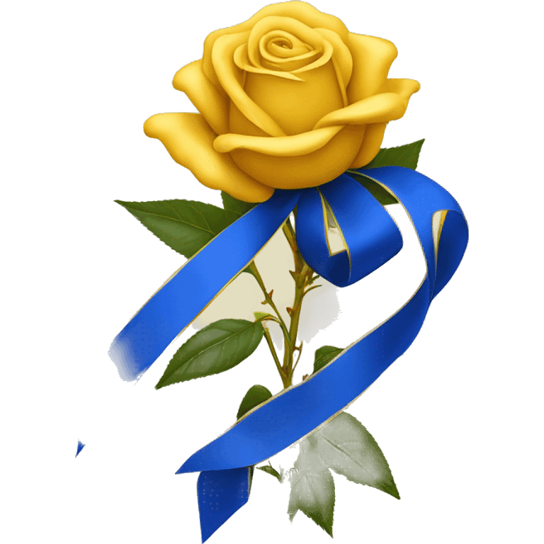 Royal blue and gold ribbon tied around the stem of a yellow tea rose emoji