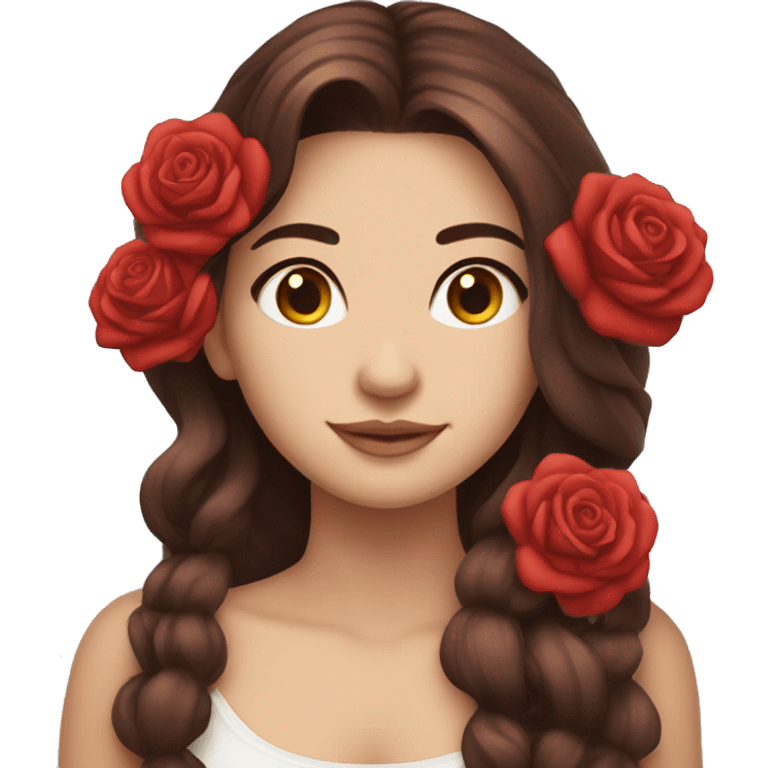 Beautiful, rose, red, flowers in hair, long dark brown hair, white fair skin emoji