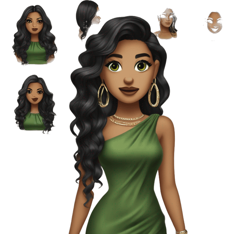 Glamorous, streetwear or cocktail dress, black balayage hair, long wavy hair, olive skin, green almond eyes, winged eyeliner with big lashes, wearing hooped earrings, rings and bracelets  emoji