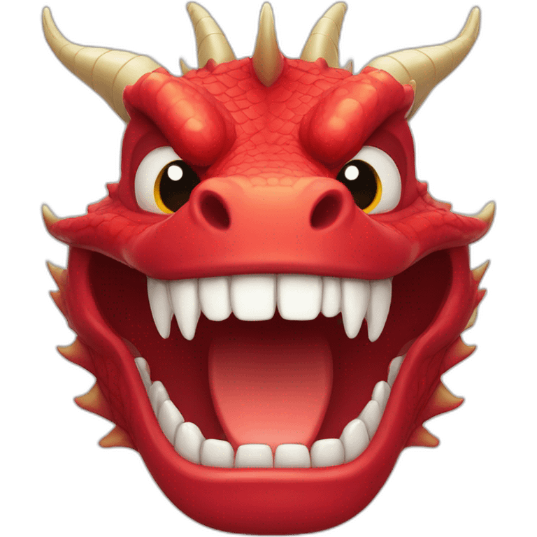 Crazy funny red dragon head with human white teeth and beautiful smile emoji