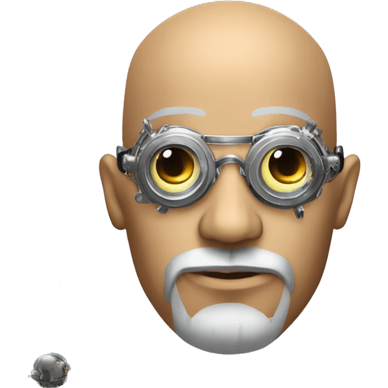 Tan bald male Latino cyborg head with grey beard, silver steampunk monocle goggles and circuits emoji