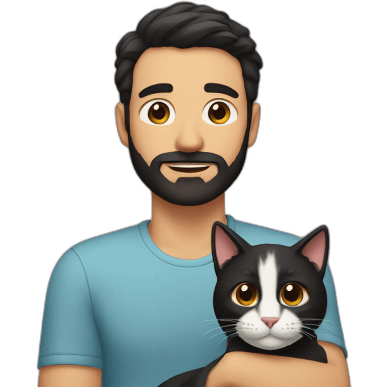 man with short beard hazel eyes and black hair with cat on lap emoji