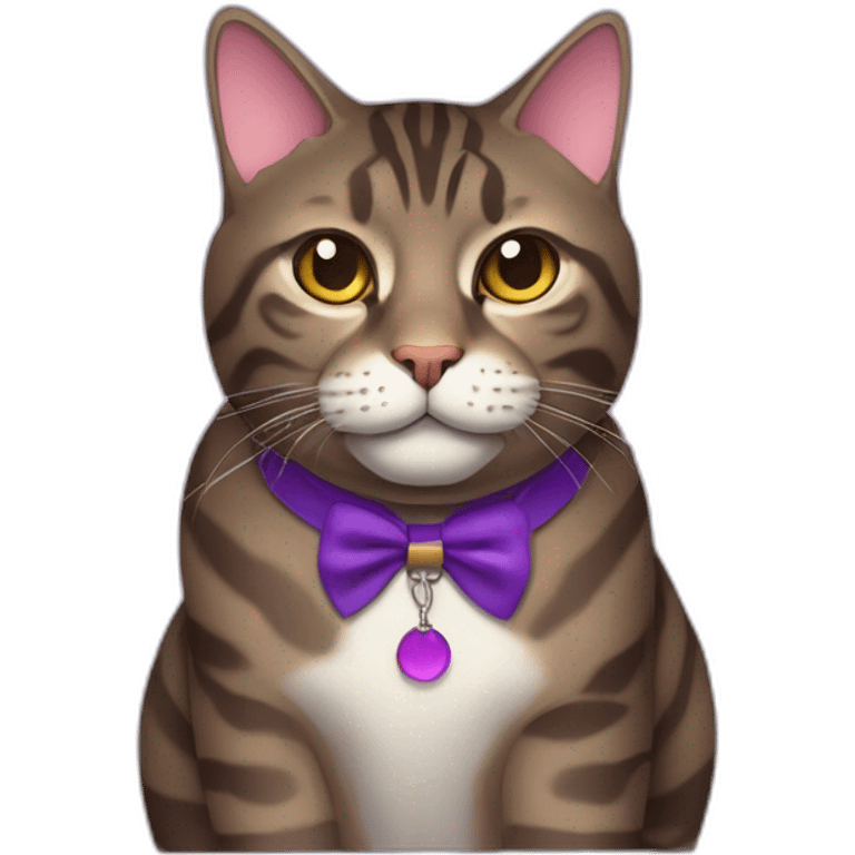 Fat dark brown tabby cat with a purple collar emoji