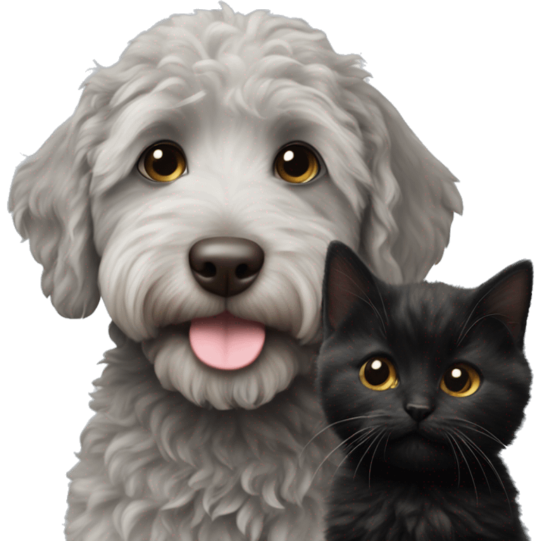 Grey labradoodle next to a small black kitten emoji