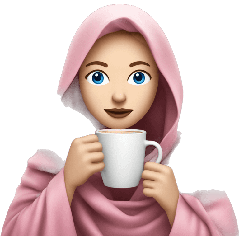 Woman with pale skin, blue eyes, and dark brown here drinking coffee while wrapped in a pink planket emoji