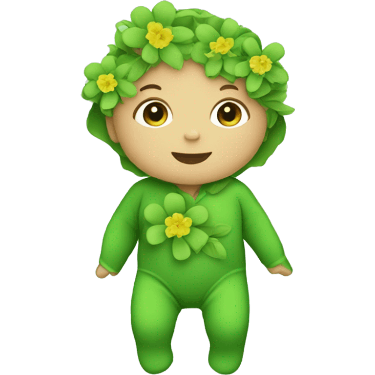 a baby wearing a bodysuit. green flowers, symbolizing ecology and sustainability.  emoji