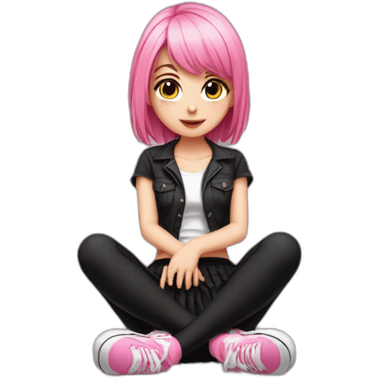 full body Front view emo girl sits on the floor black skirt pink knickers emoji