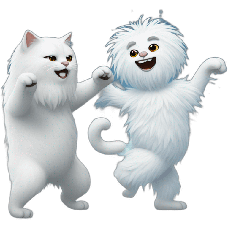 cat dancing with a white yeti in a snowy landscape emoji