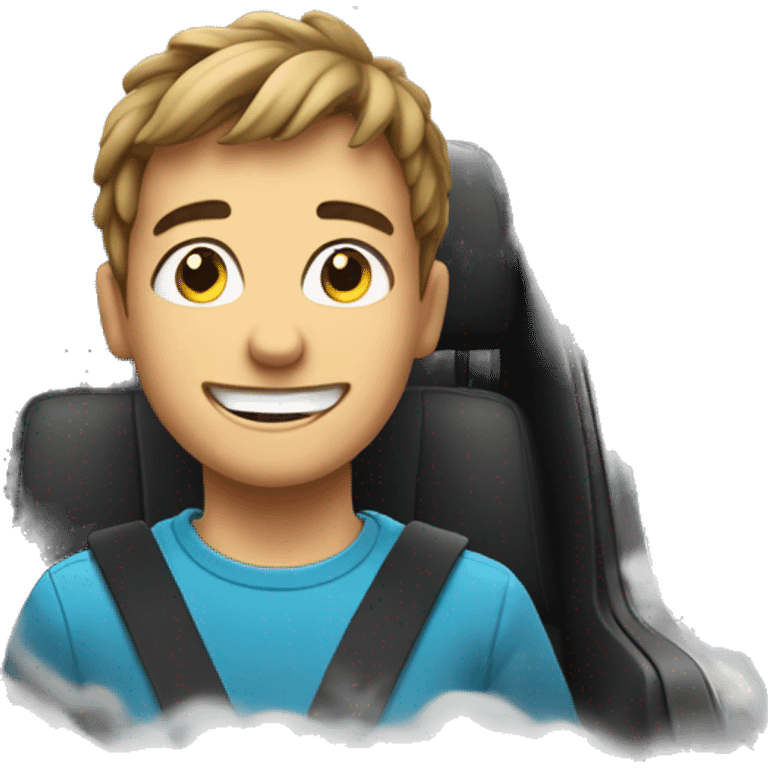 smiling boy in car interior with smoke around him emoji